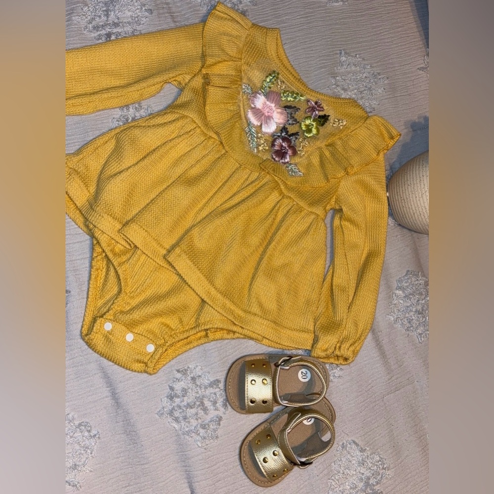 Yellow Floral Embroidered Baby Onesie